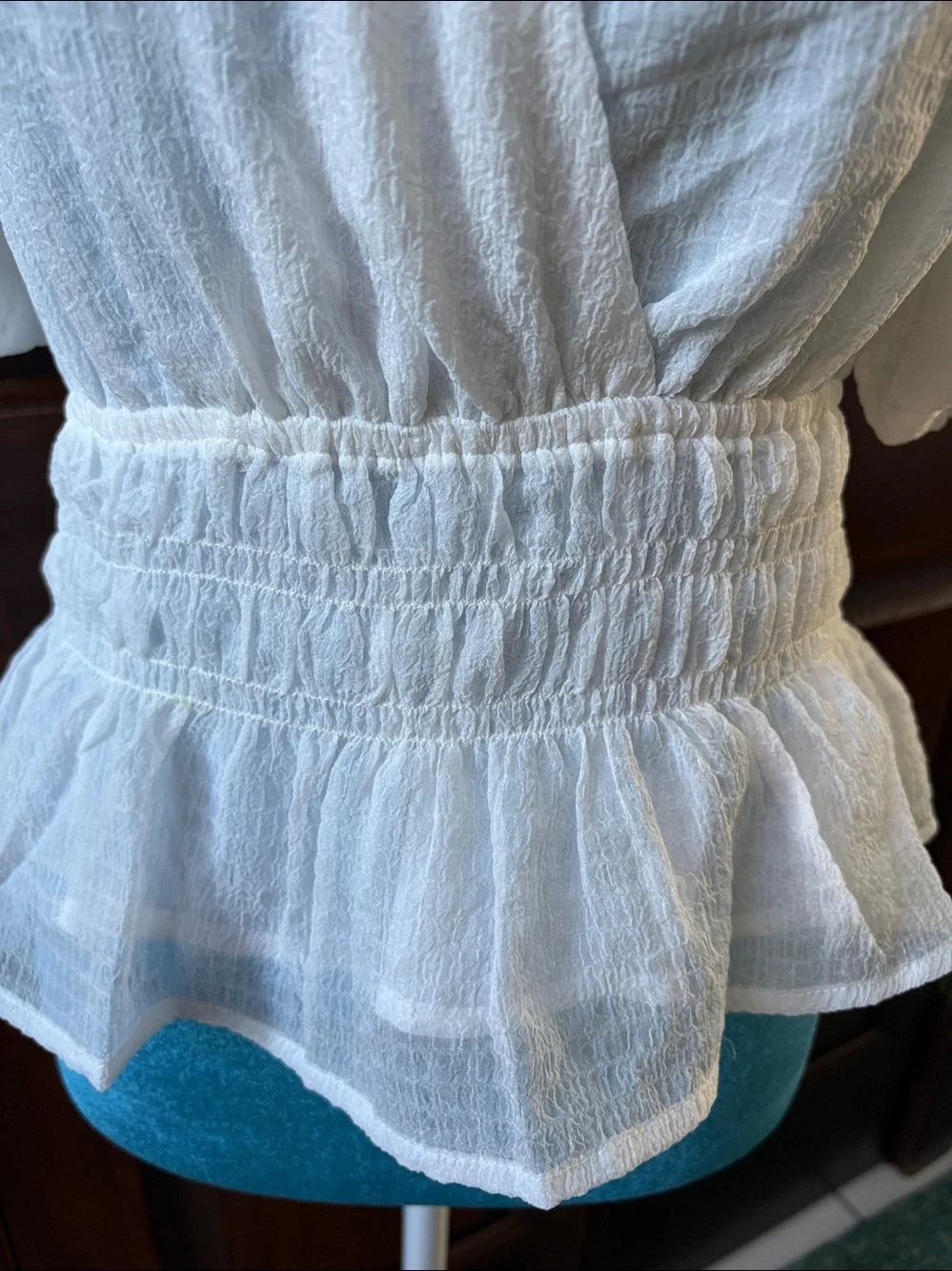 ASTR  Sheer Textured V-Neck Peplum Blouse with Puff Sleeves  white   lined  NWOT
